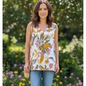 Joie Size M Blouse 100% Linen Floral Multicolor V-Neck Relaxed Casual Chic